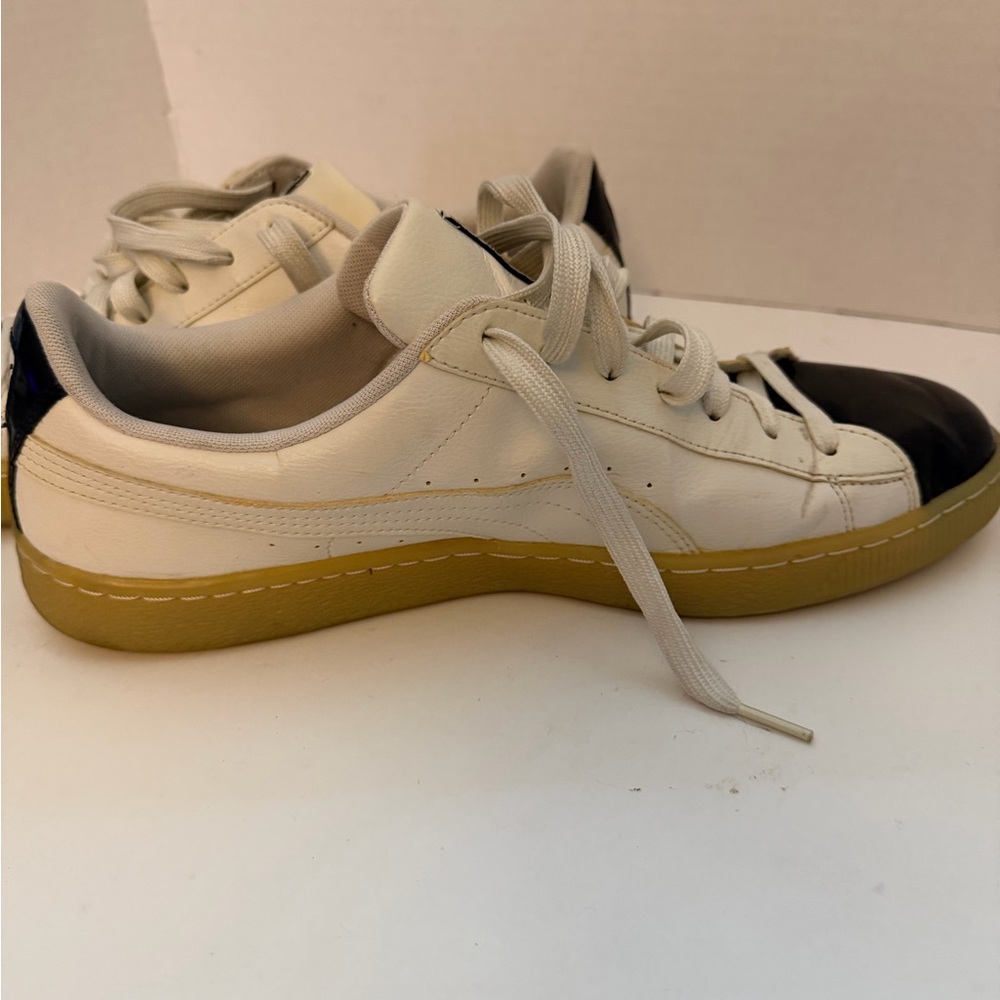 Puma White Leather Sneakers with BlackPatent Leather Toe Men’s 12 - Picture 7 of 14